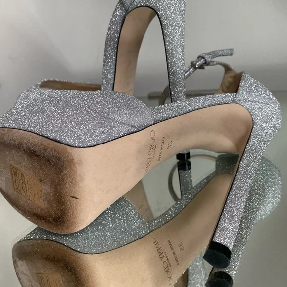 Jimmy Choo Max 150 Metallic Silver Glitter Platform Stiletto Sandals 35 - Picture 13 of 14